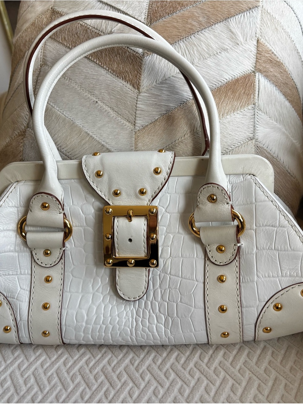 Michael Kors White Croc-Embossed Satchel with Gold Hardware